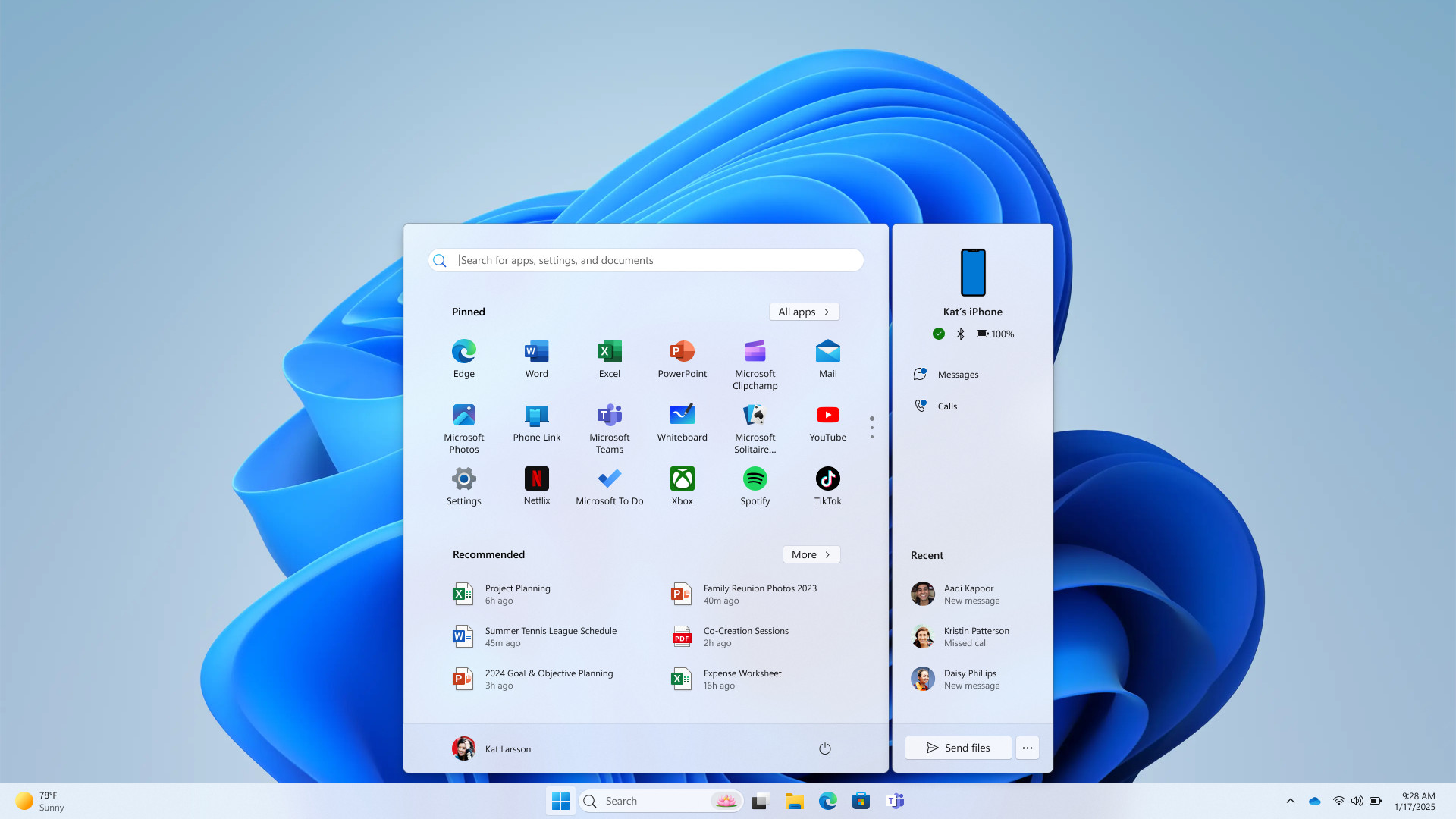 Windows 11 Phone Link Start menu panel